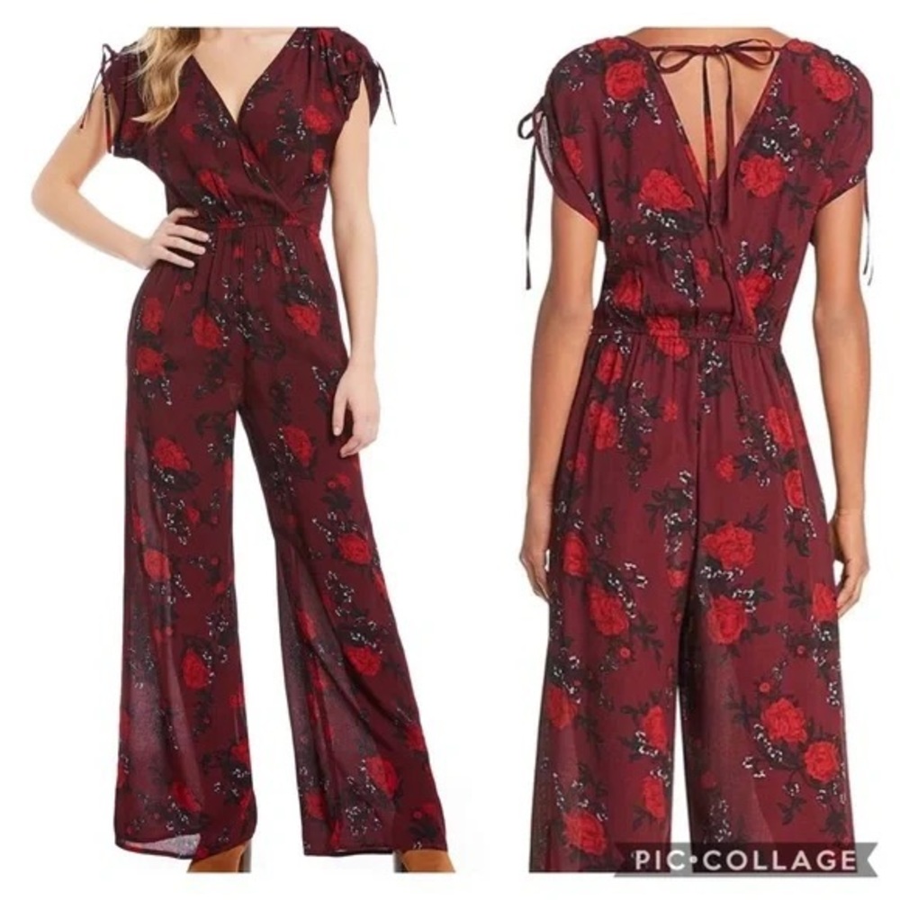 NWT Band of Gypsies Morgan Wide Leg Jumpsuit Burgundy Rose Small
